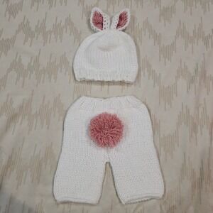 Handmade Baby Bunny Knit Outfit Set White Pink Beanie Pants Easter Photo Prop
